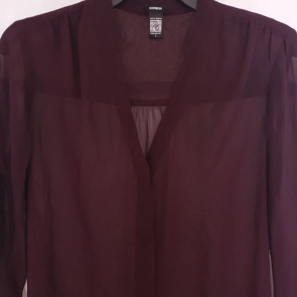 Express Women Purple Button V Neck Long Sleeve Sheer Lightweight Blouse Size S - Picture 7 of 15